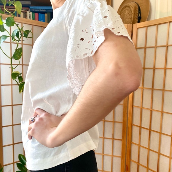 Linen Eyelet Broderie Flutter Sleeve Blouse - Picture 4 of 16